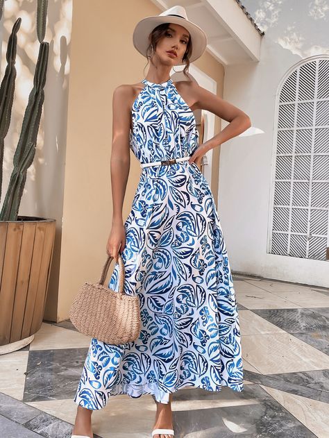 Blue and White Boho  Sleeveless Polyester Plants All Over Print A Line  Non-Stretch Spring/Summer Women Dresses Petite White Dress, Blue Print Dress, Resort Vacation, Flower Print Dress, Blue And White Dress, Halterneck Dress, Printed Ties, Petite Dresses, Tie Backs