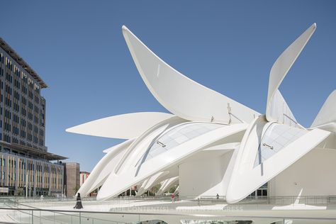 A "symbolic interpretation of the flow of movement", Calatrava’s design for the UAE Pavilion at the 2020 Expo Dubai is a 15,000 square meters immersive and multisensory experience. Images recently shot by Stephane Aboudaram highlight a structure of 28 automated cantilevered wings, that open and rotate at a range of 110 and 125 degrees. Moreover, these photos also show a central skylight, that mimics the logo of this year’s expo. Biomimicry Architecture, Greek Antiquity, Dubai Architecture, Expo 2020, Santiago Calatrava, Lifetime Achievement Award, Uk Photography, World Trade, World Trade Center