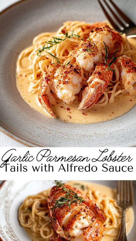 These garlic parmesan lobster tails, drizzled with creamy Alfredo sauce, are a decadent treat that’s perfect for any seafood lover. The rich, garlicky sauce enhances the lobster’s delicate flavor, making this dish a show-stopper for dinner. Italian Lobster Dishes, Pasta With Lobster Tails, Lobster Tail Dishes, Lobster Tail Pasta Recipe, Lobster Tail Pasta, Langostino Lobster Recipes, Lobster Scampi Recipe, Date Night Food Ideas, Upscale Dinner Recipes