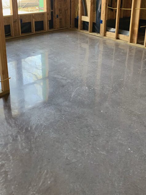 Gray Cement Floors, Staining New Concrete Floors, Shower With Concrete Floor, Concrete Floors Beach House, Stained Polished Concrete Floors, Polishing Concrete Floors Diy, How To Polish Concrete Floors, Dyed Concrete Floors, How To Stain Concrete Floors