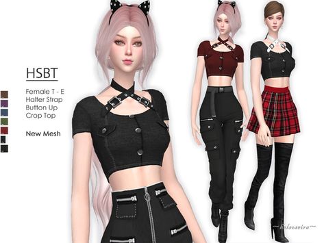 Style : Goth/Industrial halter strap button up crop top Found in TSR Category 'Sims 4 Female Everyday' Women Techwear, Sims 4 Cc Goth, Goth Industrial, Sims Clothes, Sims Builds, Goth Clothes, Female Tops, Sims 4 Characters, Sims 4 Downloads