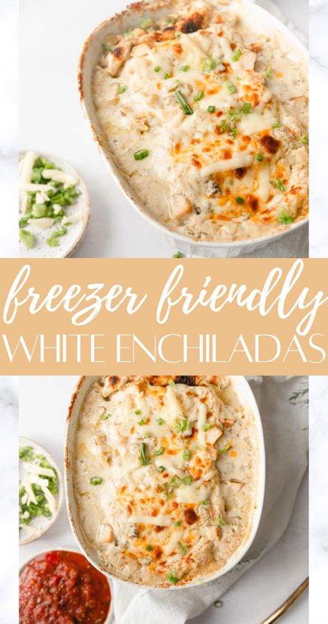 Delicious and creamy white chicken enchiladas with a greek yogurt and green chile sauce. Healthy White Chicken Enchiladas Greek Yogurt, White Chicken Enchiladas Freezer Meal, Freezer Friendly Enchiladas, Greek Yogurt Chicken Enchiladas, Greek Freezer Meals, Freezer Enchiladas Chicken, Healthy White Chicken Enchiladas, Enchiladas With Greek Yogurt, Healthy Freezable Meals