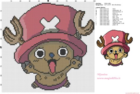 Tony Tony Chopper (One Piece) cross stitch pattern One Piece Cross Stitch, Anime Club, Modele Pixel Art, Free Cross Stitch Patterns, Nerd Crafts, Patterns Simple, Tony Tony Chopper, Tony Chopper, Perler Art