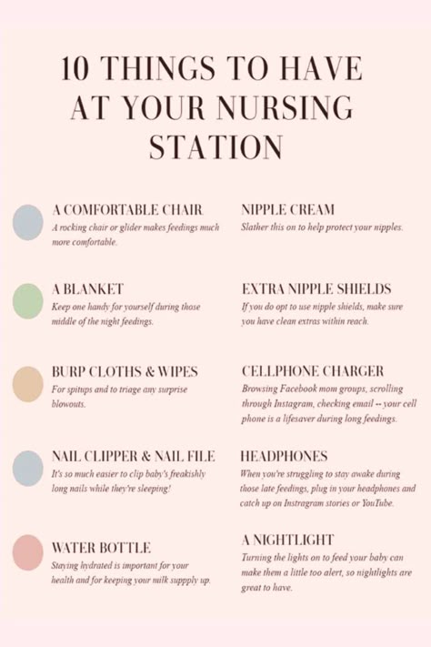 Nursing Station Organization, Nursing Corner In Bedroom, Breastfeeding Tips For Beginners, Nursing Station Breastfeeding, Breastfeeding Checklist, Nursing Checklist, Nesting Party Ideas, Nursing Room Ideas, Breastfeeding Cart