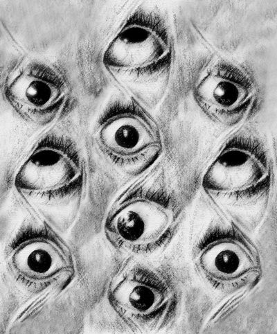 Stretched Eye art prints available on Society6.com/hannahburgos Stretched Eye Drawing, Blacked Out Eyes Drawing, Eyes All Over Body Art, Eyes Everywhere Art, Scary Eyes Art, Terrified Eyes Drawing, Multiple Eyes Aesthetic, Creepy Eyes Art, Eyes Art Creepy