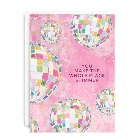 "You Make the Whole Place Shimmer" greeting card featuring watercolor disco balls * Folded 4.5x6.25 inch card (A6) * Comes with white envelope * Packaged individually in a cello sleeve with branded sticker Taylor Swift, bejeweled, whole place shimmer, valentine's, gift, valentine, holiday Taylor Swift Birthday Card, Taylor Swift Birthday, Disco Balls, Disco Ball, Kids Jewelry, White Envelope, Cute Cards, White Envelopes, Note Cards