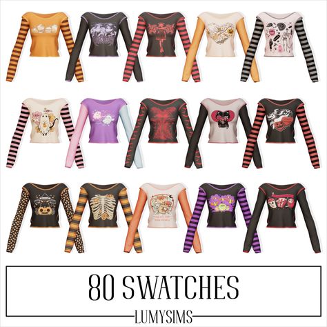 Halloween long sleeve top, fall outfit, various designs and different colors, 80 swatches sims 4 cc, autumn style, y2k, spooky season, fall clothing trends, fall fashion Sims 4 Cc Spiderman Clothes, Sims 4 Cc Cool Clothes, Horror Sims 4 Cc, Sims 4 Cc Clothes Alternative, Spooky Sims 4 Cc, Sims 4 Resource Cc, Sims 4 Autumn Cc Clothes, Autumn Sims 4 Cc Clothes, Sims 4 Spooky Cc