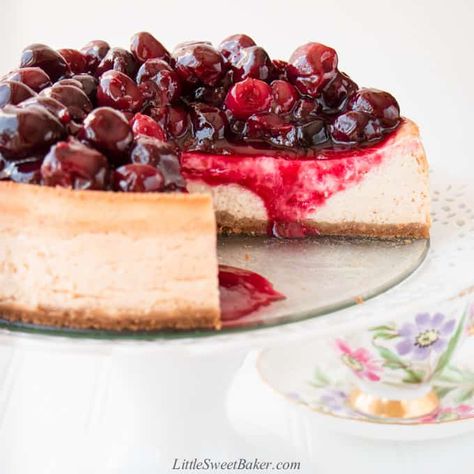 This is a silky smooth cheesecake topped sky-high with gorgeous plump red cherries. This ultimate cherry cheesecake is completely made from scratch and is very easy to make. #cherrycheesecake #cherrytopping #homemadecherrysauce Homemade Cherry Sauce, Smooth Cheesecake, Cherry Cheesecake Recipe, Cherry Topping, Cheesecake Toppings, Cherry Cheesecake, Cheesecake Recipe, Pumpkin Cake, Chocolate Cherry