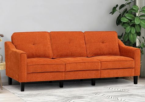 Chenille Modern Sofa with Stable Wooden Legs, Upholstered Couch for Living Room, Apartment, Office, Orange Couches Living Room Apartment, Apartment Sofas, Modern Tufted Sofa, Orange Couch, Couch For Living Room, Living Room Furniture Styles, Living Room Apartment, Upholstered Couch, Modern Sofa Bed