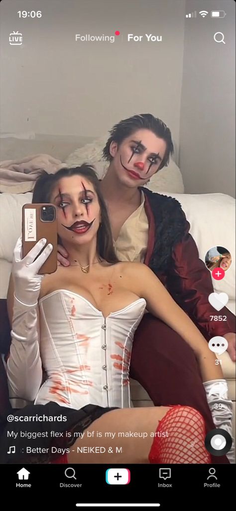 Halloween Makeup Ideas Couples, Halloween Costume Elegant, Couples Clown Halloween Costumes, Couples Halloween Face Paint Ideas, Killer Clown Couple Costume, Demon Couple Costume, Clown Makeup Couple, Couple Scary Halloween Costumes, Maquillage Halloween Couple