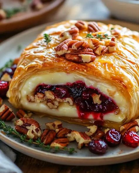 Delicious baked Brie wrapped in puff pastry with cranberry-pepper jelly and pecans for a perfect festive appetizer or holiday treat. Cranberry Pecan Brie, Baked Brie Puff Pastry, Pecan Brie, Lobster Cream Sauce, Brie Puff Pastry, Cranberry Brie, Festive Appetizers, Brie Recipes, Cranberry Cheese