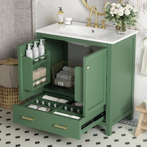 30 Inch Bathroom Vanity Combination Under Counter Sink,with Single Sink, Bathroom Storage Cabinet with 2 Doors and a Drawer - Bed Bath & Beyond - 42135614 Modern Green Exterior, Counter Sink Bathroom, Under Counter Sink, Green Bathroom Vanity, 30 Inch Bathroom Vanity, Bathroom Sink Storage, Ceramic Undermount Sink, Green Sink, Green Exterior