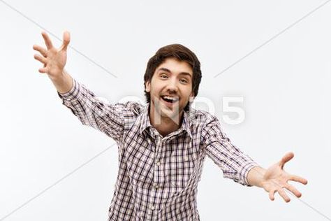 Portrait of handsome happy young man with open arms ready to giv Stock Photos #AD ,#young#man#happy#Portrait Open Arms Reference, Give A Hug, Happy Portrait, Dark Haired Men, Poster Text, Casual Plaid Shirt, Luxury Font, Gig Poster, Smiling Man