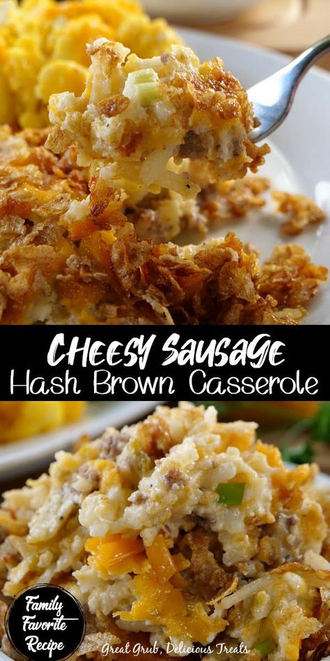 Cheesy Sausage Hash Brown Casserole is a scrumptious breakfast casserole recipe loaded with breakfast sausage, shredded cheese, sour cream, seasoned deliciously and topped with a crunchy topping, then baked until hot and bubbly. #easybreakfastcasserole #breakfastcasserolerecipe Sausage Egg And Cheese Hashbrown Casserole, Hash Brown Sausage Egg Casserole, Hash Brown Sausage Casserole, Sausage Hash Brown Casserole, Hash Brown Breakfast Casserole, Hashbrown Casserole Easy, Sausage Hashbrown Breakfast Casserole, Hashbrown Breakfast, Sausage Hash