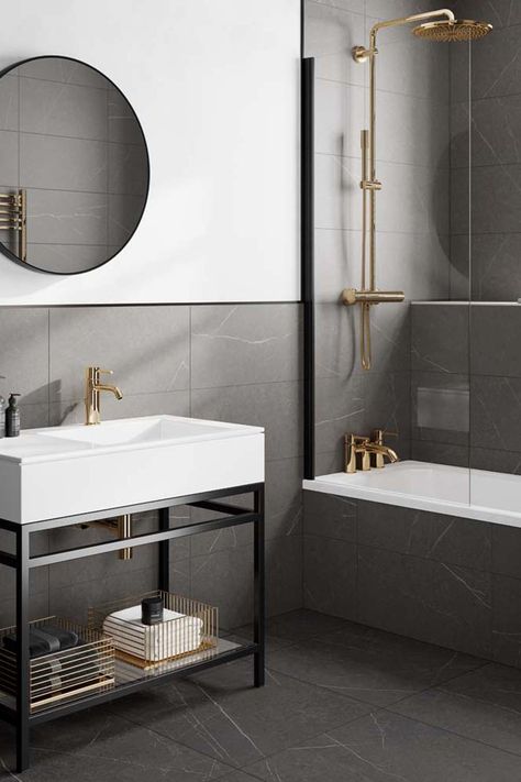 Timeless and classic, Capri Dark comes in two sizes for a full room solution that will add a touch of elegance and warmth to any interior. The larger 60x60 is suitable for walls & floors, whilst the 30x60 can be used on walls. Dark Tiles Bathroom Ideas, Charcoal Tile Bathroom Wall, White And Charcoal Bathroom, Partially Tiled Bathroom, Charcoal Bathroom Tile, Black White And Gold Bathroom Ideas, Bathroom Ideas Grey And White, Charcoal Tile Bathroom, Dark Floor Bathroom Ideas