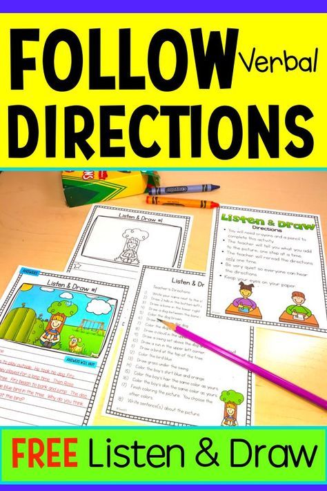 FREE FOLLOWING DIRECTIONS ACTIVITY: Listen & Draw is great activity to include with your plans at the beginning of the year when you are teaching class procedures. It helps students practice important listening skills. #listeningactivity #listeningskills #followdirections #backtoschool #followingdirections #listen&draw #teach123 Listening Skills Activities, Listening Activities For Kids, Kids Speech Therapy, Class Procedures, Listening And Following Directions, Following Directions Activities, Teaching Class, Receptive Language, Speech Activities