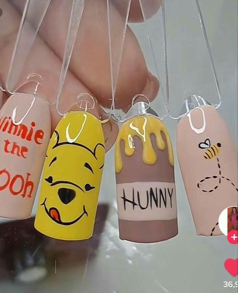 Cartoon Nails Disney, Pooh Bear Nails, Winnie The Pooh Nails, Pooh Nails, Panda Nail Art, Cartoon Nail Designs, Character Nails, Disney Inspired Nails, Disney Acrylic Nails