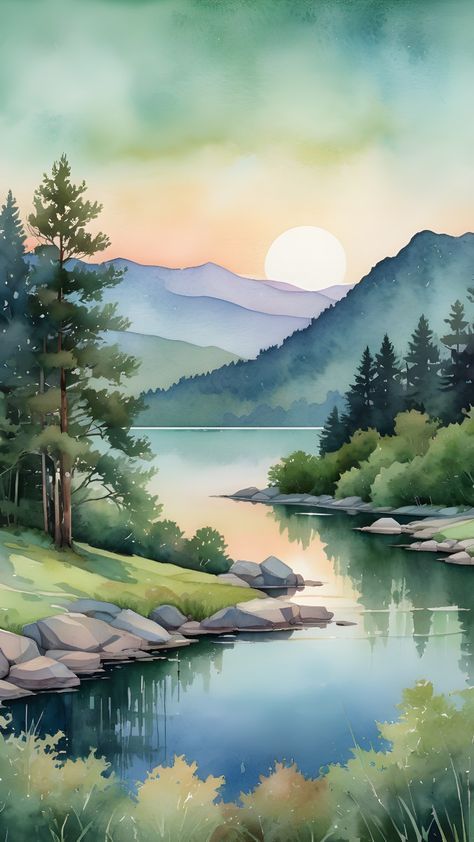 Relaxing Paintings Ideas, Scenery Watercolor, Sunrise Drawing, Painting Sunrise, Watercolor Scenery, Watercolor Art Landscape, Watercolor Paintings Nature, Watercolor Paintings For Beginners, Diy Watercolor Painting