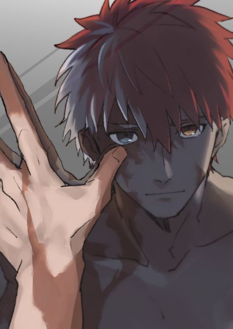 Safebooru - 1boy against mirror emiya shirou fate/stay night fate (series) grey eyes hand on mirror heterochromia highres looking at mirror male focus matsuya (syohsa) mirror multicolored hair orange hair pov reflection serious shirtless solo spoilers two-tone hair yellow eyes | 2423258 Fate Kaleid Liner Prisma Illya, Emiya Shirou, Prisma Illya, Archer Emiya, Fate Archer, Shirou Emiya, Red Knight, Heroes Book, Bleach Fanart