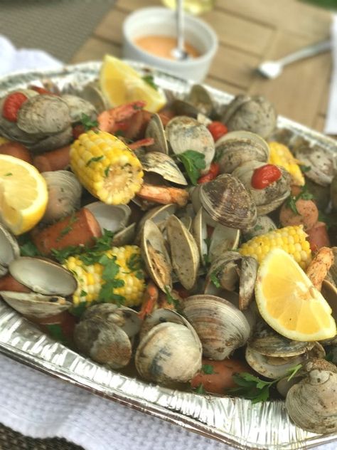 Easy Clambake on the Grill - Proud Italian Cook Boat Meals, Clambake Recipe, Baking With Beer, Grilled Clams, Bbq Side, Backyard Parties, Grilled Dinner, Bbq Sides, Clam Bake