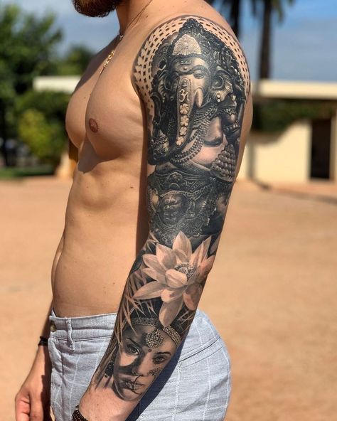 Buddah Sleeve Tattoo, Ganesha Tattoo Sleeve, Music Sleeve, Headdress Tattoo, Hindu Tattoos, Ganesh Tattoo, Khmer Tattoo, Mangas Tattoo, Mandala Tattoo Sleeve