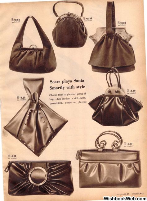 1940s Fashion-Women's 1940s Purses from the 1946 Sears Christmas Wish Book. Vintage Catalog/ Vintage Purse #1940s #1940sfashion #purse #vintagecatalog #vintagepurse #1940spurse 40s Mode, Tas Vintage, 1940s Fashion Women, Pola Topi, Vintage Catalog, Patron Vintage, Book Purse, Fashion 1940s, Sacs Design