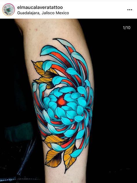 Japanese Style Floral Tattoo, Flower Solar System Tattoo, Chrysanthemum Tattoo Neotraditional, Neo Traditional Chrysanthemum, Japanese Color Tattoo, Bright Color Tattoo, Japanese Tattoo Flower, Neo Trad Flowers, Neo Traditional Peony