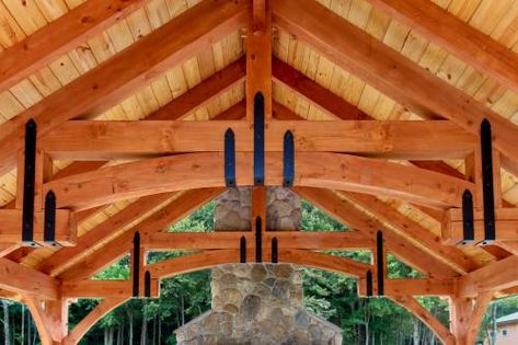 Backyard Gazebo Ideas, Timber Frame Pavilion, Truss Design, Roof Truss Design, Screened Gazebo, Timber Frame Barn, Gazebo Ideas, Timber Frames, Outdoor Pavilion