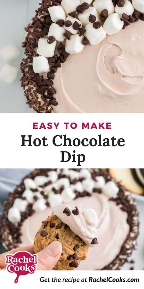 Fluffy and sweet, hot chocolate dip will be a hit at your next party - all the flavors of hot cocoa in an irresistible cool dip! Perfect with Oreos, chocolate chip cookies, and graham crackers. Hot Chocolate Dip With Cream Cheese, Hot Chocolate Dip Charcuterie Board, Hot Chocolate Cool Whip Dip, Hot Cocoa Dip Charcuterie Board, Easy Chocolate Dip, Hot Chocolate Dip Cool Whip, Easy Holiday Dessert Dips, Easy Christmas Dessert Dips, Choc Chip Dip