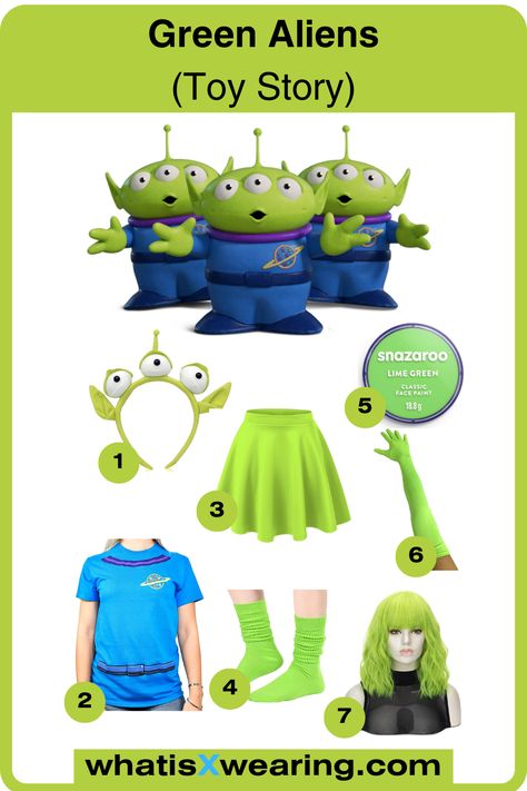 This is a super fun and easy Halloween costume idea for any group of friends. Click the link to discover our step-by-step Alien costume guide, including where to find everything you need. Diy Toy Story Alien Costume Women, Toy Story Teacher Costumes, Toy Story Alien Costume Women, Toy Story Alien Costume Diy, Diy Toy Story Costumes, Aliens Costume, Diy Alien Costume, Alien Costume Women, Toy Story Alien Costume