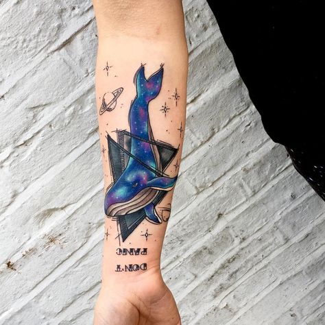 Hitchhikers Guide To The Galaxy tattoo The Galaxy Tattoo, Tattoo Whale, Hitchhiker's Guide To The Galaxy, Circle Tattoos, Whale Tattoos, Galaxy Tattoo, Hitchhikers Guide To The Galaxy, Watercolor Tattoos, Douglas Adams