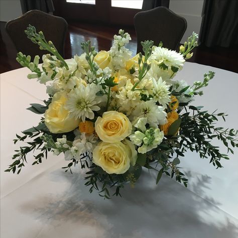 Yellow and white centerpiece Yellow And White Centerpieces, White Centerpieces, White Centerpiece, Rehearsal Dinner, Rehearsal Dinners, Event Design, Table Decorations, Yellow, Floral