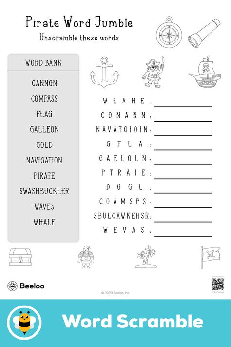 Medium pirate-themed word scramble for kids ages 5 and up Pirates Of The Caribbean Activities, Word Scramble For Kids, Pirate Words, Word Jumble, Holiday Brownies, Pirate Activities, Crafts And Activities For Kids, Fun Friday, Word Scramble