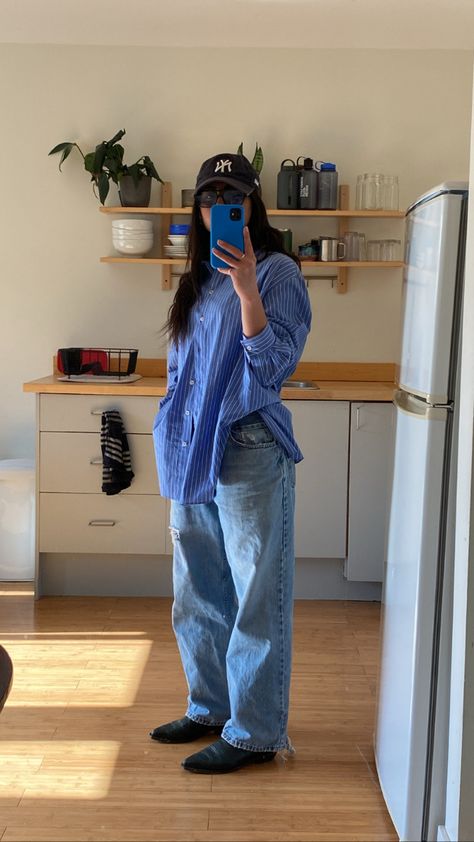 Blue Shirt Outfit, Striped Shirt Outfit, Blue Striped Shirt Outfit, Gender Fluid Fashion, Thrifted Outfits, Blue Striped Shirt, Outfit Look, Casual Work Outfits, Looks Style