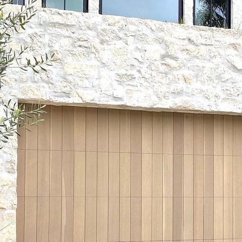 Garage Door Mediterranean, White Oak Exterior Siding, Light Wood Garage Door, Wood Garage Doors White House, White Oak Garage Door, Modern Wood Garage Door, Inside Garage Door Ideas, Fake Garage Door, Modern Farmhouse Garage Doors