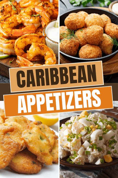 Island Themed Appetizers, Caribbean Buffet Ideas, Caribbean Appetizer Recipes, Jamaican Hors D'oeuvres, Caribbean Finger Foods, Carribean Party Food Ideas, Carribean Food Catering, Tropical Shrimp Recipes, Jamacian Food Appetizers