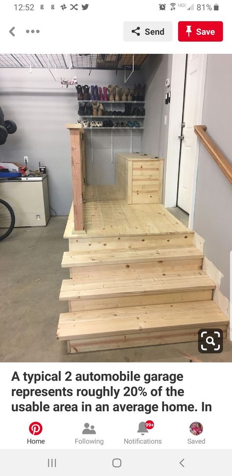 Garage To House Steps, Storage Platform In Garage, Stairs From Garage To House, Garage Entry Steps, Garage Steps Into House Diy, Steps In Garage To House, Garage Platform Entryway Ideas, Diy Garage Steps, Garage Stairs Into House With Landing