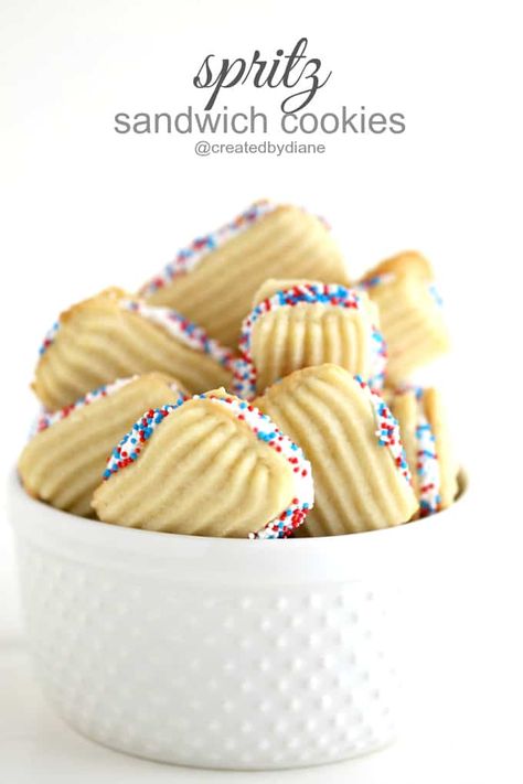 spritz sandwich cookies @createdbydiane Veterans Day Cookies, July 4th Cookies, Memorial Day Cookies, Press Cookies, Spritz Cookie Press, Cookie Press Recipes, Spritz Cookie Recipe, Butter Cookie Recipe, Spritz Cookies