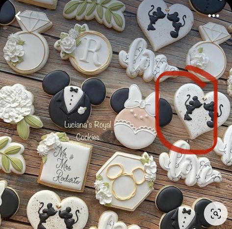 Disney Wedding Shower, Fairytale Bridal Shower, Wedding Dress Cookie, Disney Themed Bridal Shower, Mickey Wedding, Cookie Heart, Mickey Mouse Wedding, Disney Bachelorette Parties, Heart Shaped Cookie