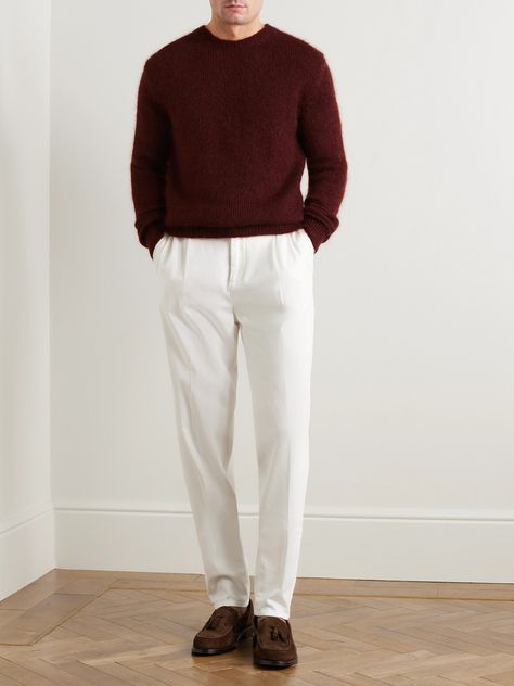 Like many of Massimo Alba's classic Italian pieces, this 'Alder' sweater was designed to outlast seasonal trends. It's knitted from a blend of silk and mohair and brushed to enhance the soft handle. European Christmas Fashion, Italian Winter Outfits Men, Men European Fashion Winter, Burgundy Outfits Men, Burgundy Sweater Outfit Men, Mens Christmas Outfits, Christmas Outfit Men Classy, Burgundy Outfit Men, Pastel Academia Fashion