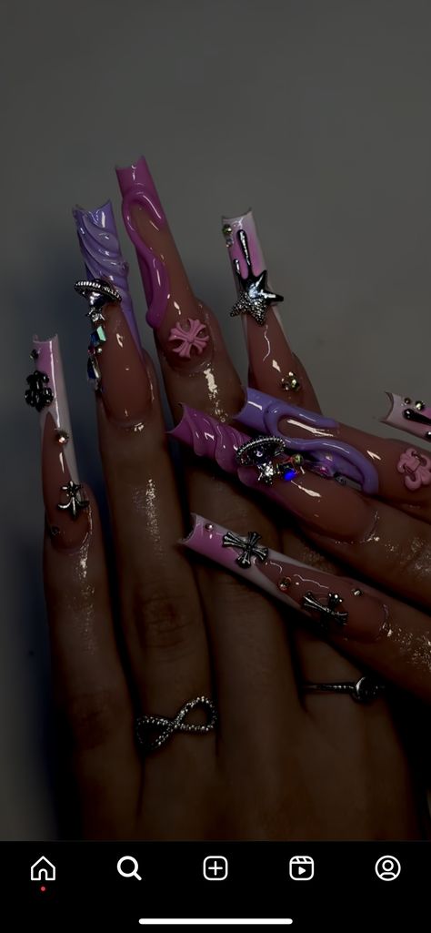 Long Junk Nails With Charms, Long Junk Nails, Long Nail Inspiration, Virgo Nails Designs, Virgo Birthday Nails, Birthday Nails Long, Freestyle Nails, Junk Nails, Drip Nails