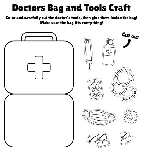 Doctors Bag And Tools Craft Printable Activity Dr Bag Craft Preschool, Doctor And Nurse Preschool Activities, Doctors Bag Craft Preschool, Doctor Art And Craft Preschool, First Aid Kit Craft For Preschool, Doctors Kit Preschool Craft, Occupation Theme Preschool Art Projects, Hospital Theme Preschool Activities, Doctor Tools Printable