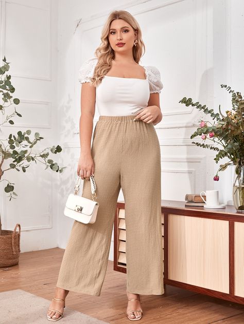 Plus Elastic Waist Palazzo Pants Palazzo Pants Outfit, Outfits Gorditas, Beige Outfit, Palazzo Pants, Pants Outfit, Amazing Products, Elastic Waist, Casual Outfits, Elastic