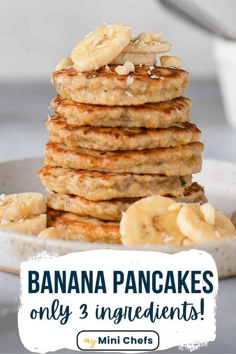 Our 3-Ingredient Banana Pancakes are so easy to throw together in the morning and we feel great about eating them! They are kid-friendly, baby-friendly and adults love them too. Simple Banana Pancakes 3 Ingredients, Easy Pumpkin Pancakes 3 Ingredients, Infant Pancake Recipe, 4 Ingredient Pancakes, Toddler Easy Breakfast Ideas, Banana Baby Pancakes, Applesauce Pancakes 3 Ingredient, Fall Pancake Recipes, Pancake Banana Recipe