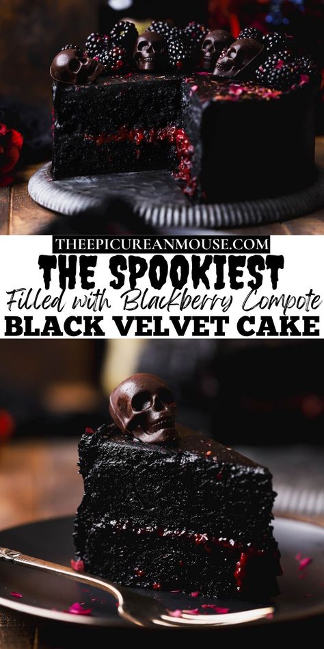 Black velvet Halloween cake is a two layer rich chocolate cake with a moist, velvety texture.  It's filled with sweet blackberry compote and frosted with black cocoa buttercream.  Fresh blackberries and chocolate skulls top this luscious cake, making it perfectly balanced and incredibly decadent. Black Velvet Cake, Black Velvet Cakes, Black Cocoa Powder, Plat Halloween, Blackberry Compote, Black Cocoa, Halloween Food Treats, Rich Chocolate Cake, Halloween Baking