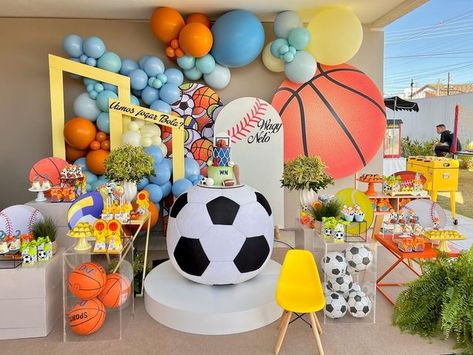 Ball Theme 1st Birthday Party, Sports Party Backdrop, Sports Theme 2nd Birthday Party, Sports Themed Birthday Party Ideas Decoration, Balls Birthday Party Boy, Sports Themed 1st Birthday Boys, Ball Themed Birthday Party Boys, Sports Themed Birthday Party Ideas, Ball Theme Birthday