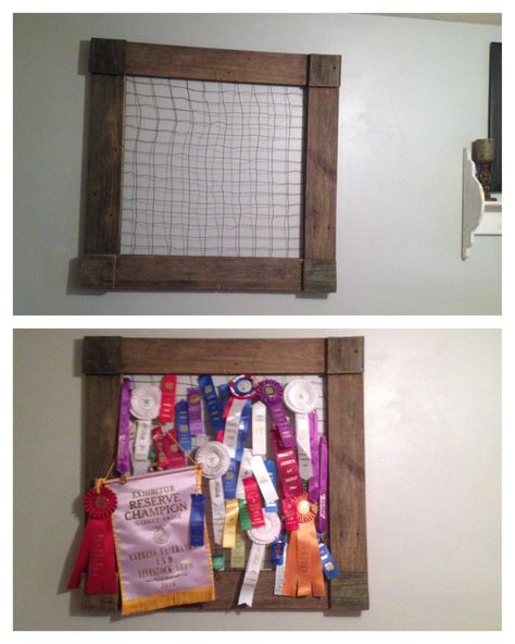 Displaying FFA and 4H ribbons! Perfect use for that old rabbit cage wire. lol ;P 4h Awards Display, Livestock Ribbon Display, Ways To Display Ribbons, 4h Ribbon Display, Ribbon Award Display, How To Display Award Ribbons, Fair Ribbon Display Ideas, 4h Ribbon Display Ideas, 4-h Ribbon Display Ideas