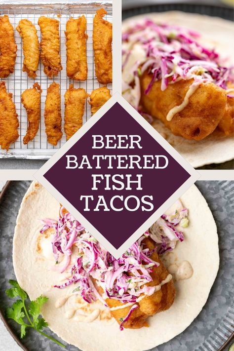 beer battered cod tacos on a white plate served with taco sauce and cabbage slaw. Cod Tacos, Italian Marinated Chicken, Cod Fish Tacos, Seafood Tacos, Fried Fish Tacos, Beer Battered Cod, Beer Battered Fish Tacos, Battered Fish Tacos, Bbq Beef Sandwiches