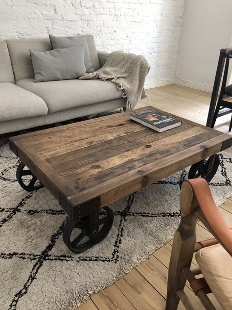 Coffee Table With Wheels Living Rooms, Industrial Coffee Table With Wheels, Industrial Rustic Coffee Table, Coffee Table On Wheels, Wood Coffe Table, Rustic Industrial Coffee Table, Industrial Style Coffee Table, Build A Coffee Table, Table On Wheels