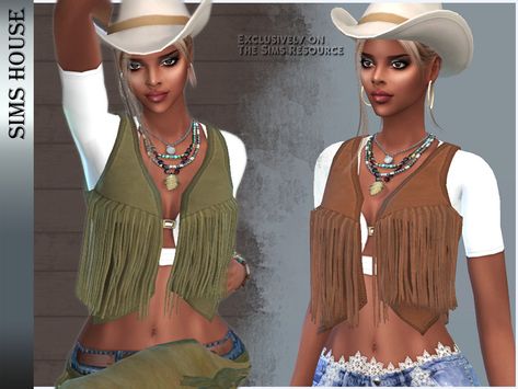 The Sims Resource - WOMEN'S WAISTCOAT WITH FRINGING Sims 4 Cowboy Clothes, Sims 4 Cowgirl Boots Cc, Sims 4 Western Cc Clothes, Sims 4 Cc Country Clothes, Sims 4 Cowboy Cc, Sims 4 Western Cc, Sims 4 Cowgirl Cc, Sims 4 Country Cc, Denim Blouse Women